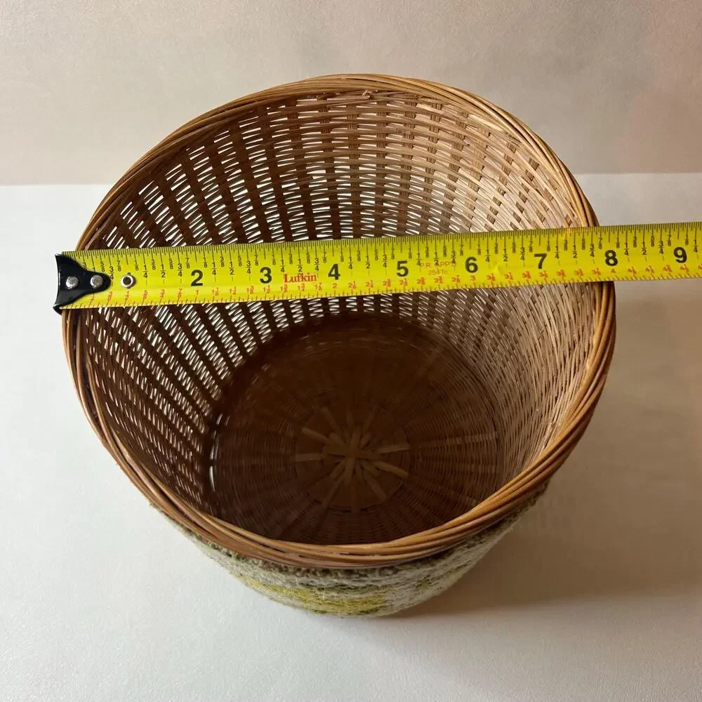 Vintage Boho Woven Rattan Wastebasket Needlepoint Pear Basket